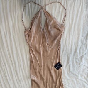 Lulus Sleek and Sweet Champagne Satin Cutout Backless Slip Midi Dress